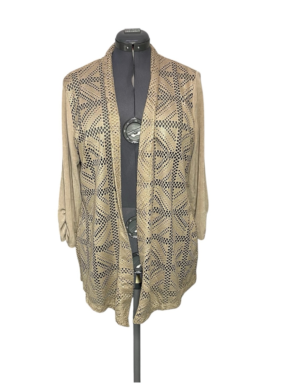 Chico’s Travelers Crochet Shimmer Jacket Cardigan Size 3 XL 14 16 Open Front Tan